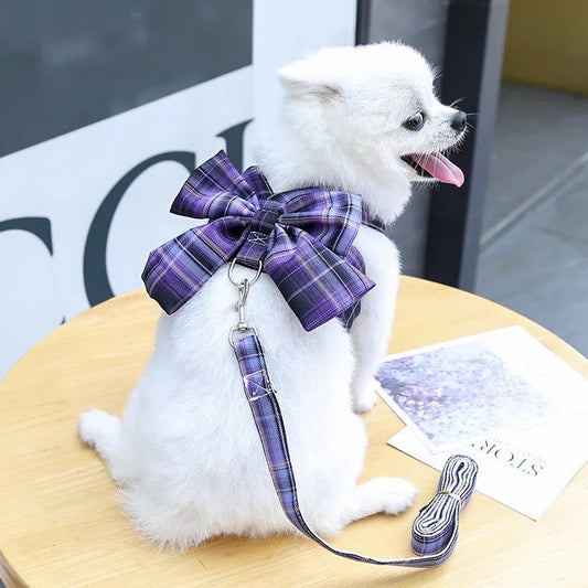 Vintage Plaid Bow Dog Harness and Leash Set