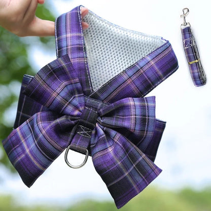 Vintage Plaid Bow Dog Harness and Leash Set