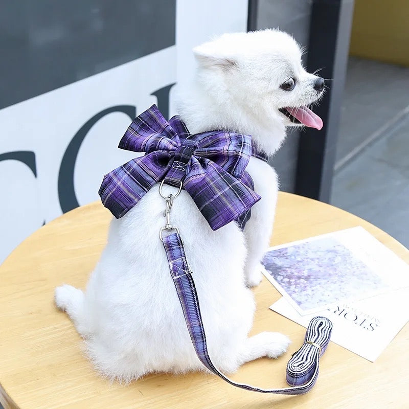 Vintage Plaid Bow Dog Harness and Leash Set